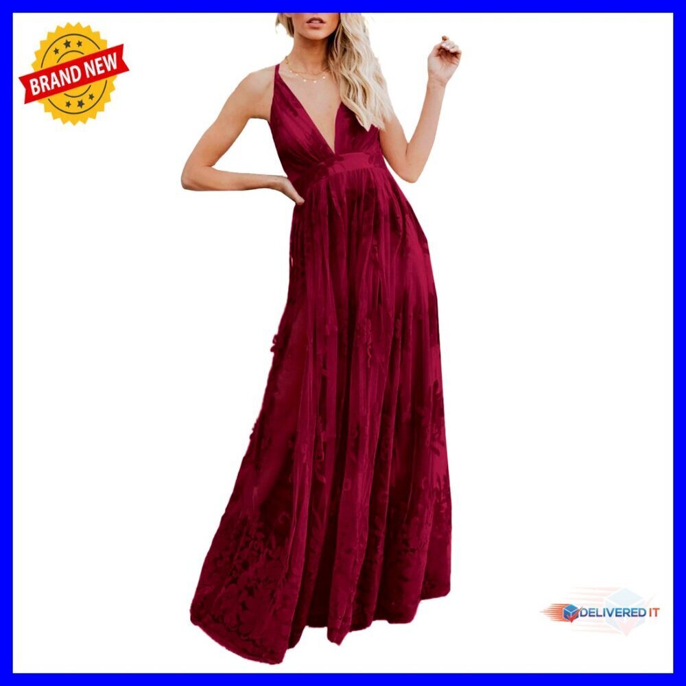 Embroidered Lace Mesh Formal Dress Deep V-Neck Backless Evening Gown